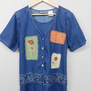 Vintage Erika Denim Patchwork Dress Size L Button Front Cottagecore Rustic Artsy
